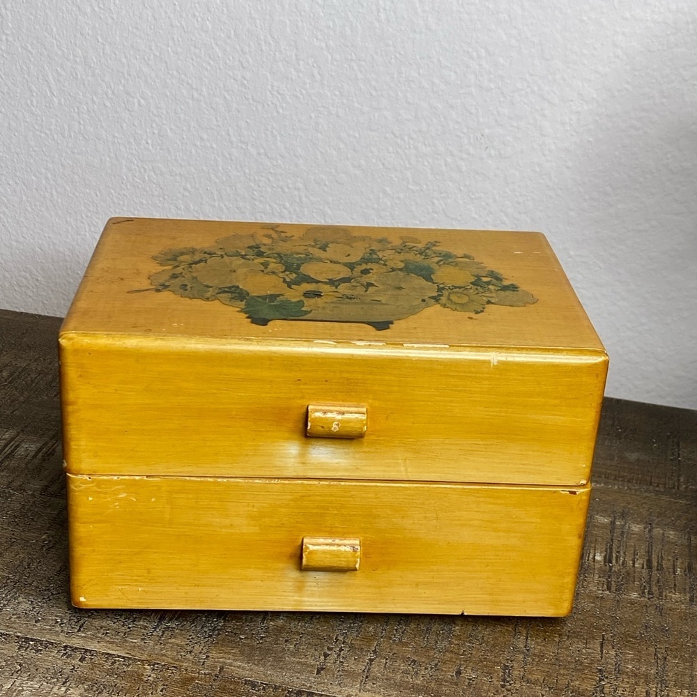Vintage Wooden Jewelry Box w/ 2 Drawers Floral Lid Mid-Century Vanity Box